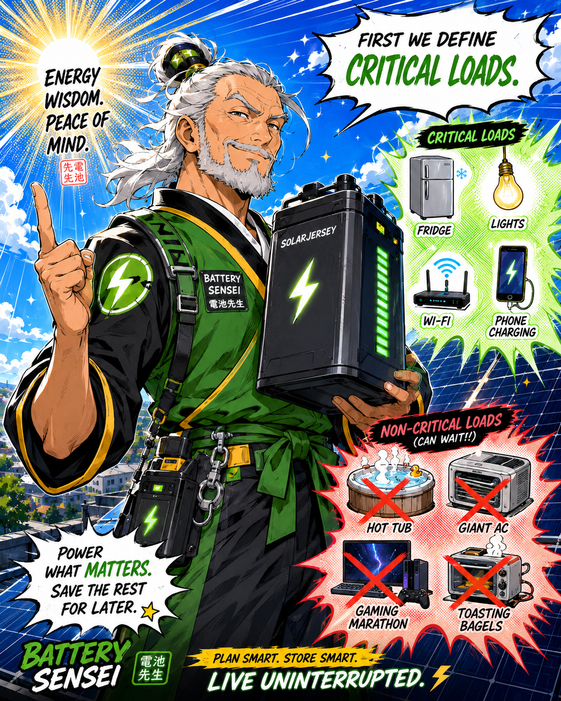 Battery Sensei teaching critical loads and backup power wisdom