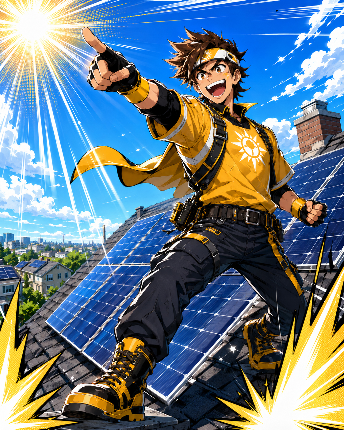 Captain Kilowatt pointing dramatically at a solar rooftop