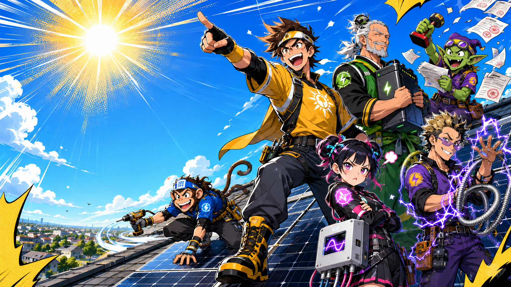 Team Solar manga heroes standing on a solar rooftop in wild uniforms under a blazing sun