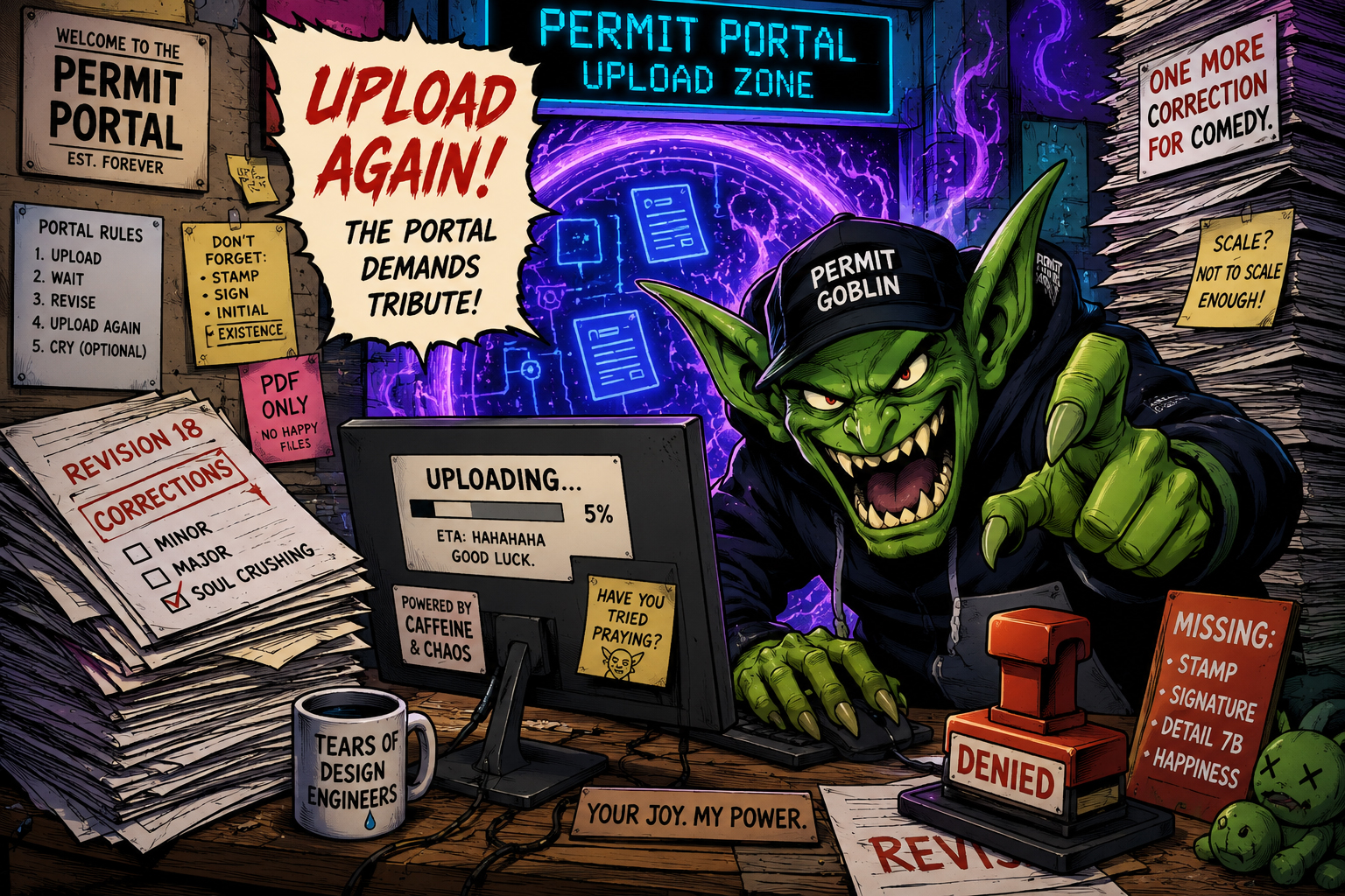 Permit Goblin sitting at a solar permit upload portal surrounded by revised PDFs