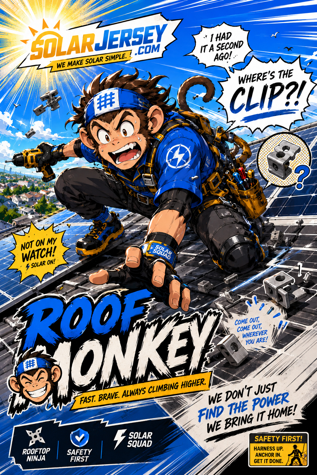 Roof Monkey on a solar rooftop searching for a missing roof clip