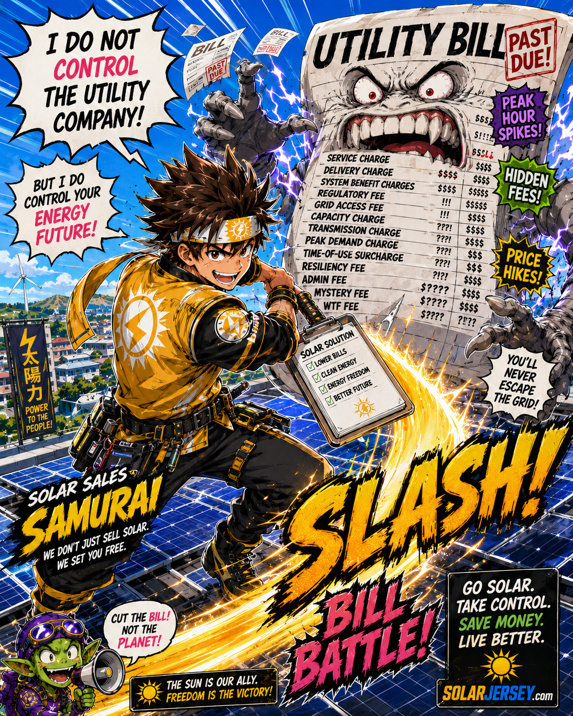 Solar Sales Samurai fighting a giant utility bill monster in manga comedy style