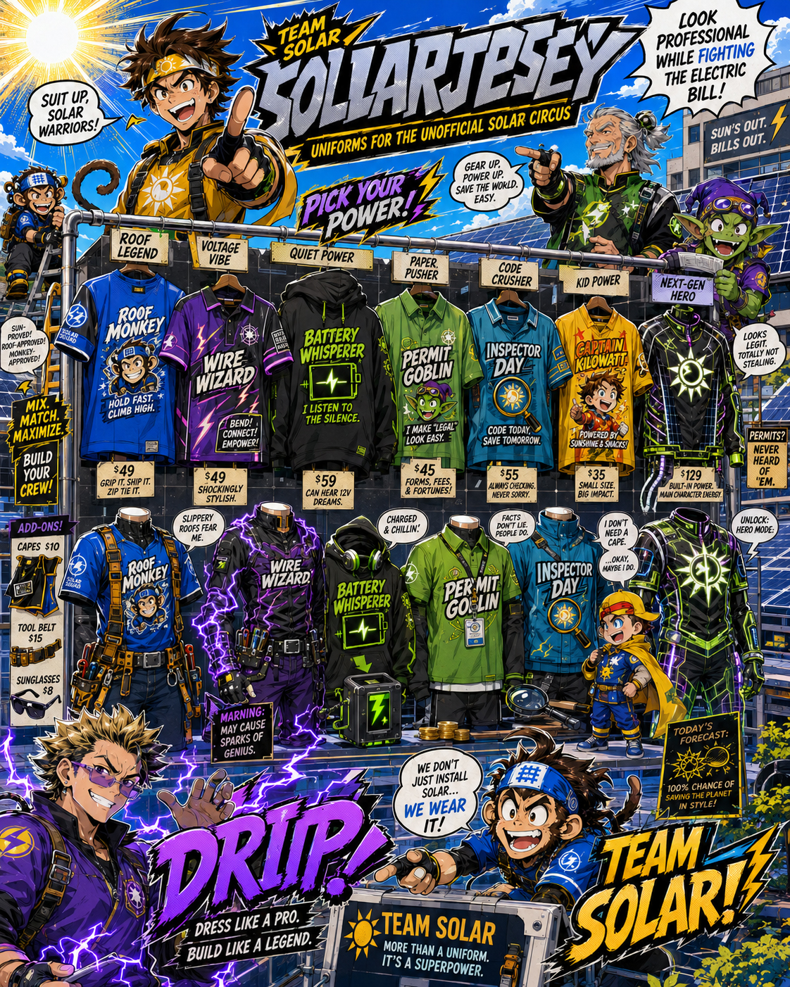 A comedy manga uniform rack filled with SolarJersey team uniforms for solar workers