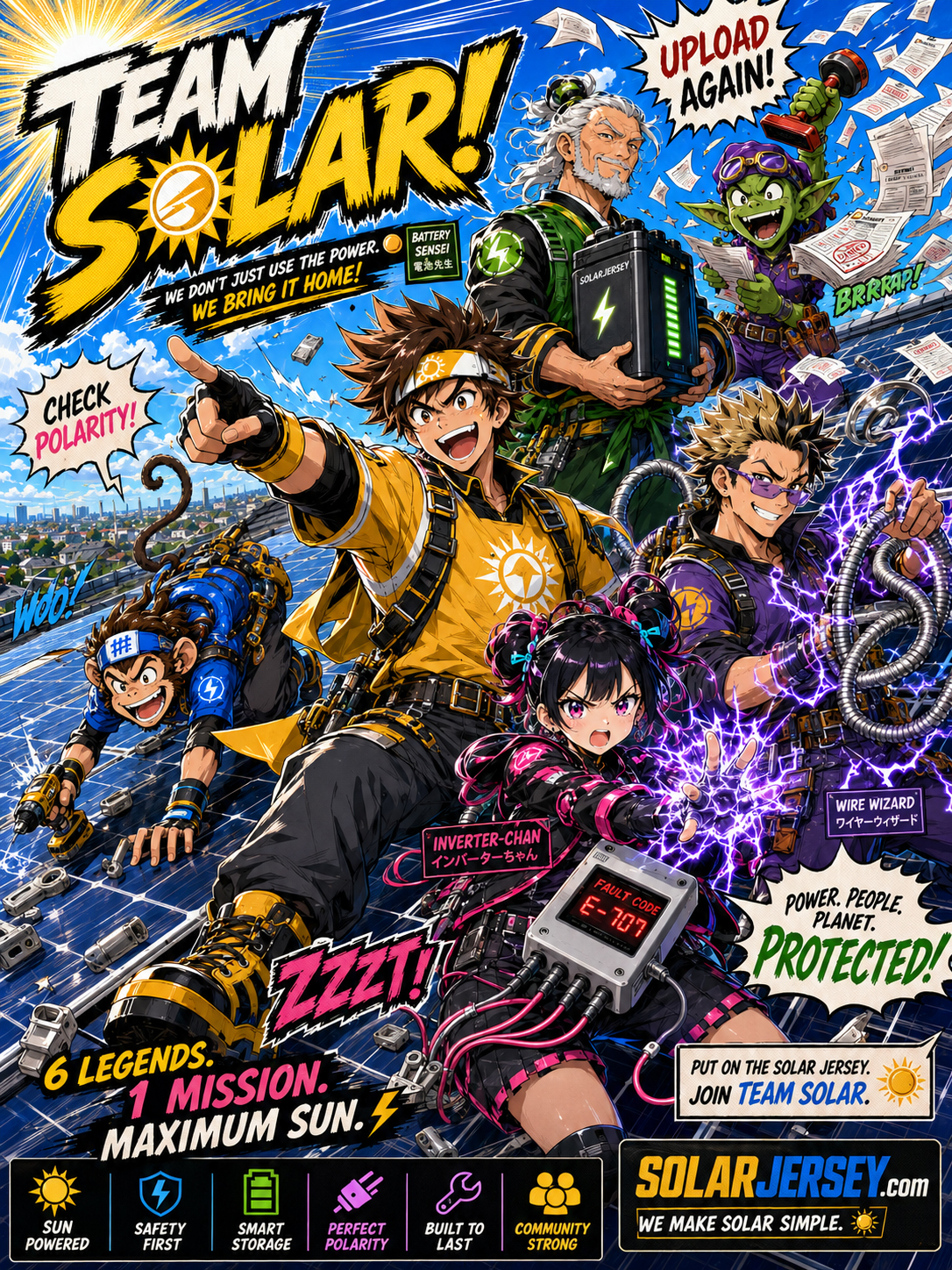 Team Solar manga comedy group shot ready to receive a solar signal