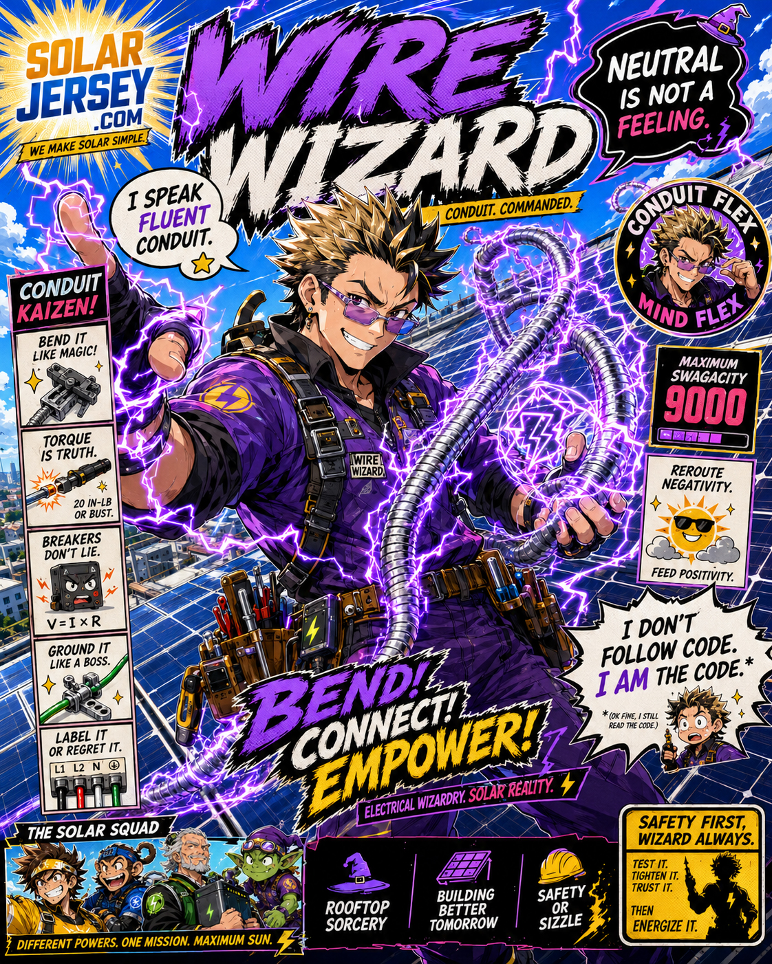 Wire Wizard holding conduit lightning in a solar manga comedy scene